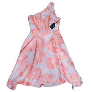 Adrianna Papell Coral Floral Jacquard One-Shoulder Cocktail Dress | Size 4 | NWT